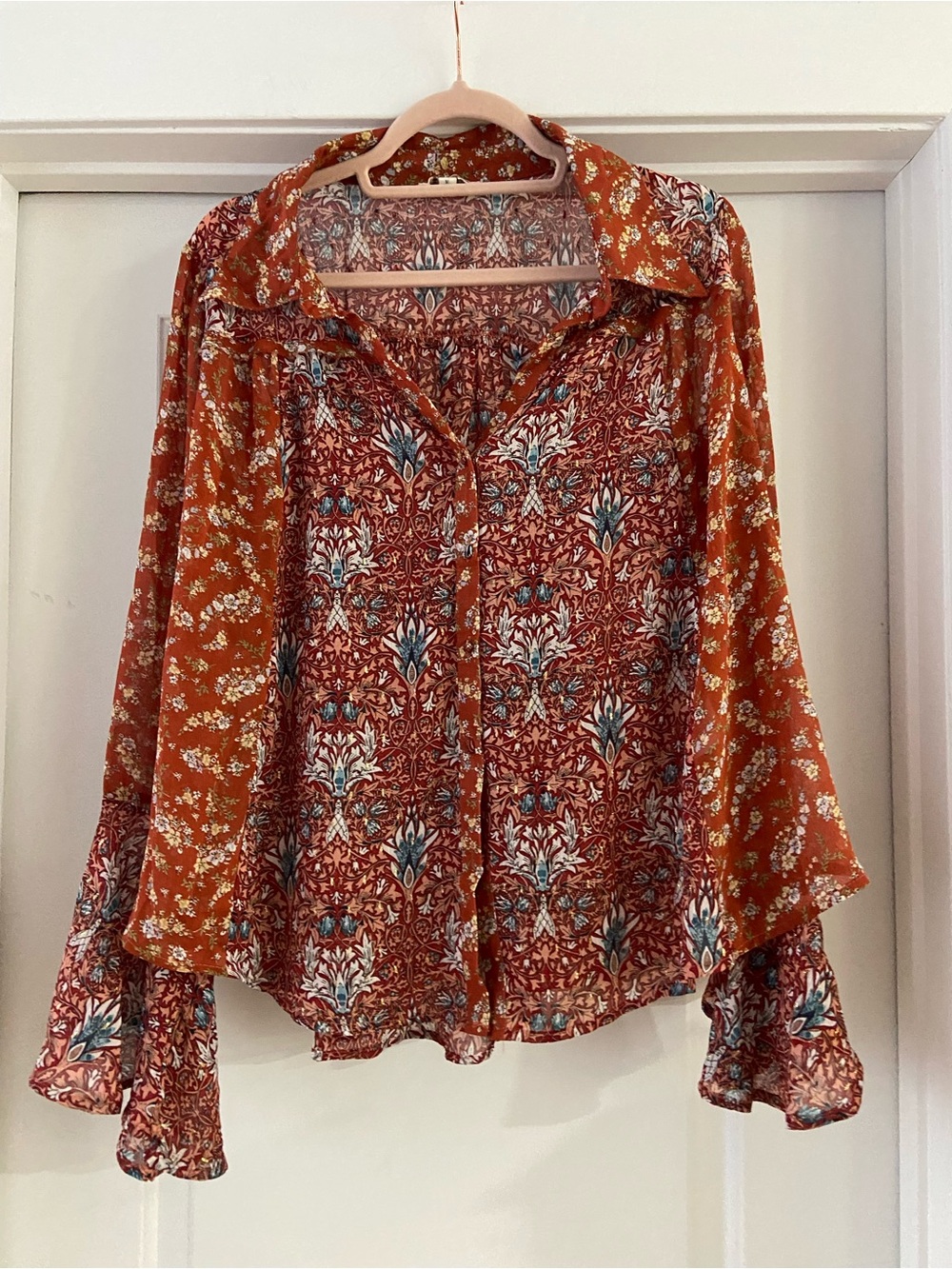 Umgee Rust Floral Button-Down Bell Sleeve Top - Picture 2 of 8
